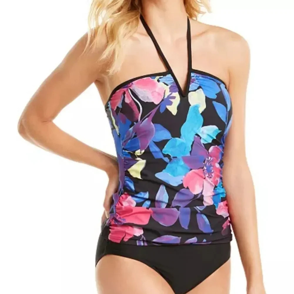 Calvin Klein Women's Printed Stretch V-Wire Halter & Navy Bottom Hipster…